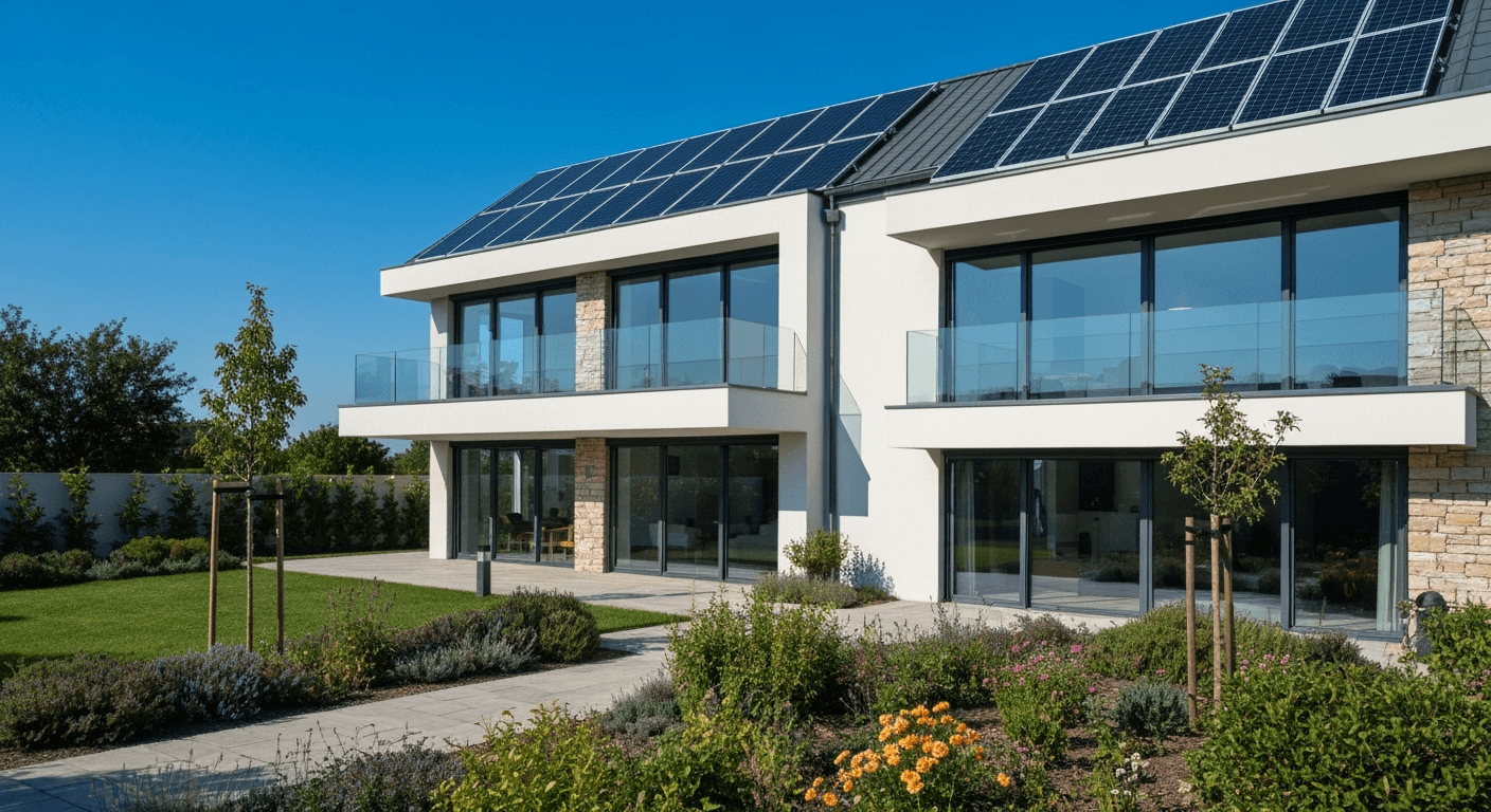 Casa residencial moderna com painéis solares no telhado