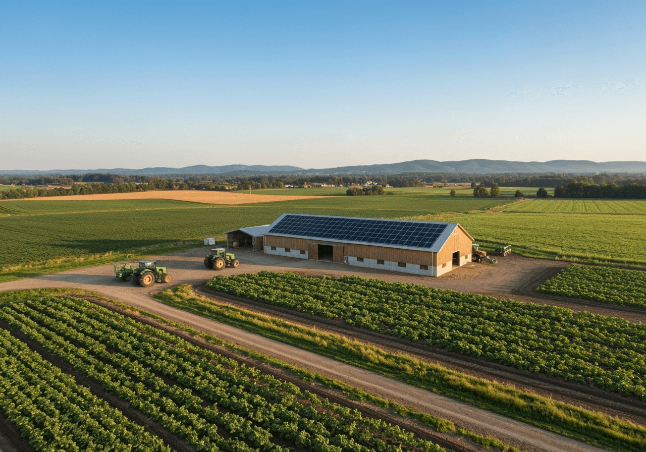 Propriedade rural com instalação de painéis solares no campo