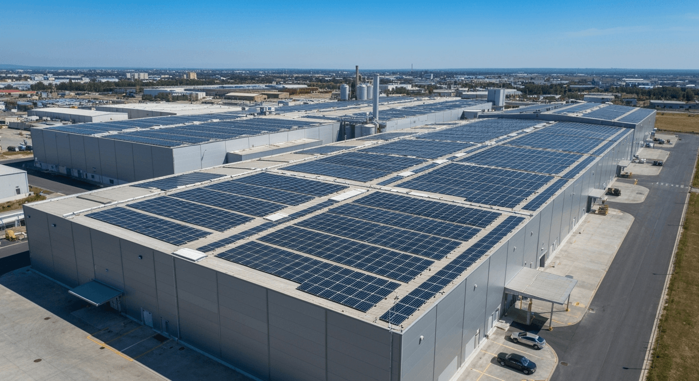 Fábrica industrial com telhado coberto por painéis solares