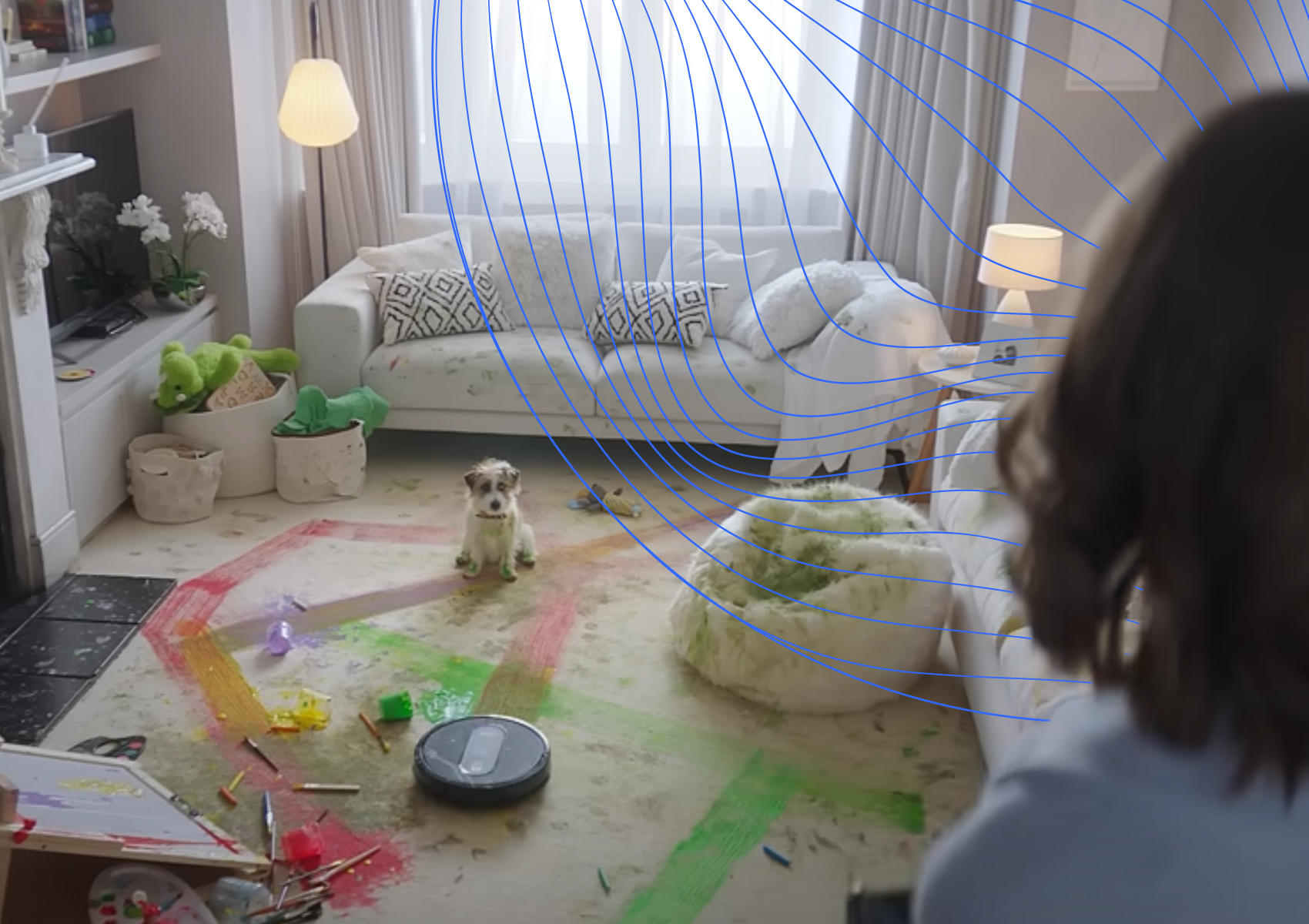 Dog sitting on messy floor