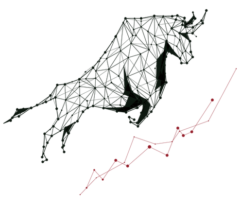 Geometric wireframe bull with red upward trend line