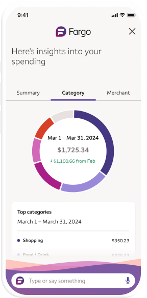 Fargo app interface showing spending insights and transaction categories