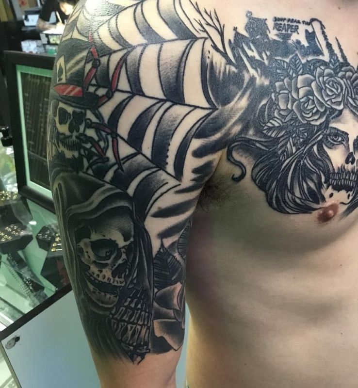 Full sleeve with skull and roses
