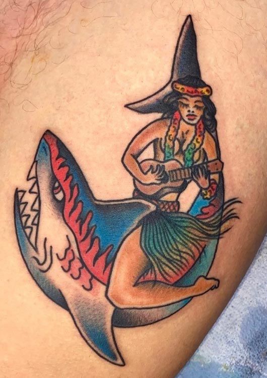 Mermaid with guitar and shark