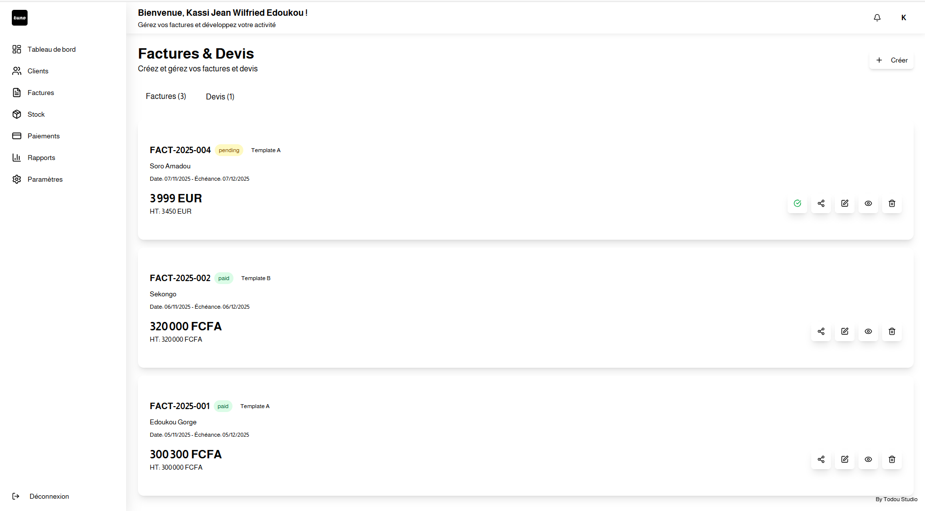 Interface de gestion des factures et devis