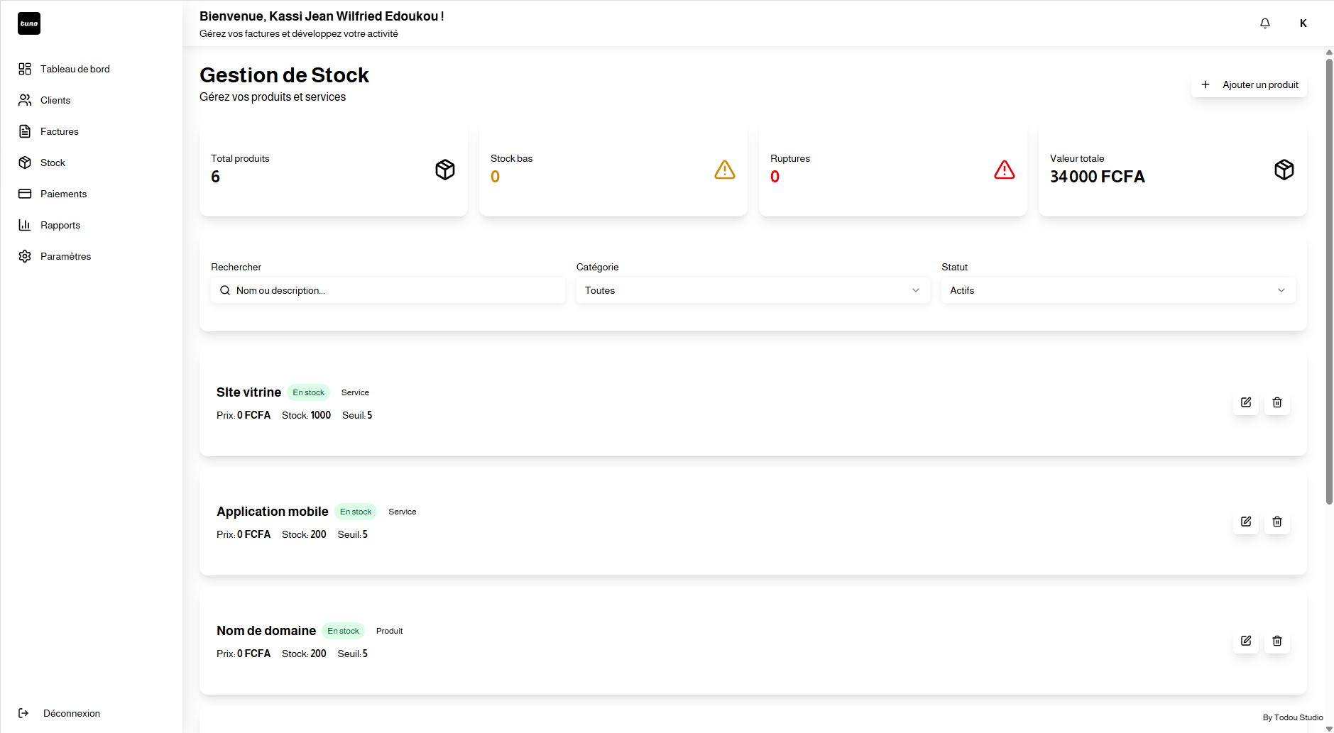 Interface de gestion de stock