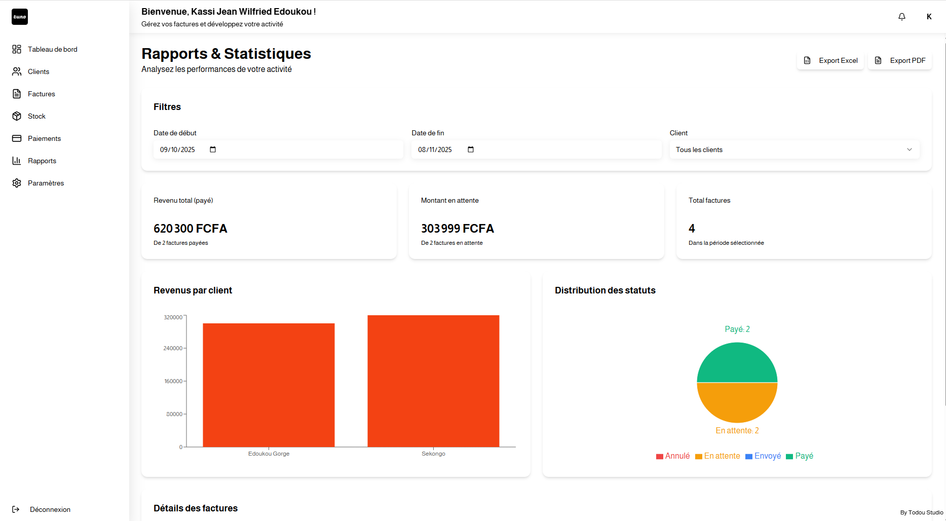 Page des factures et devis Tuno