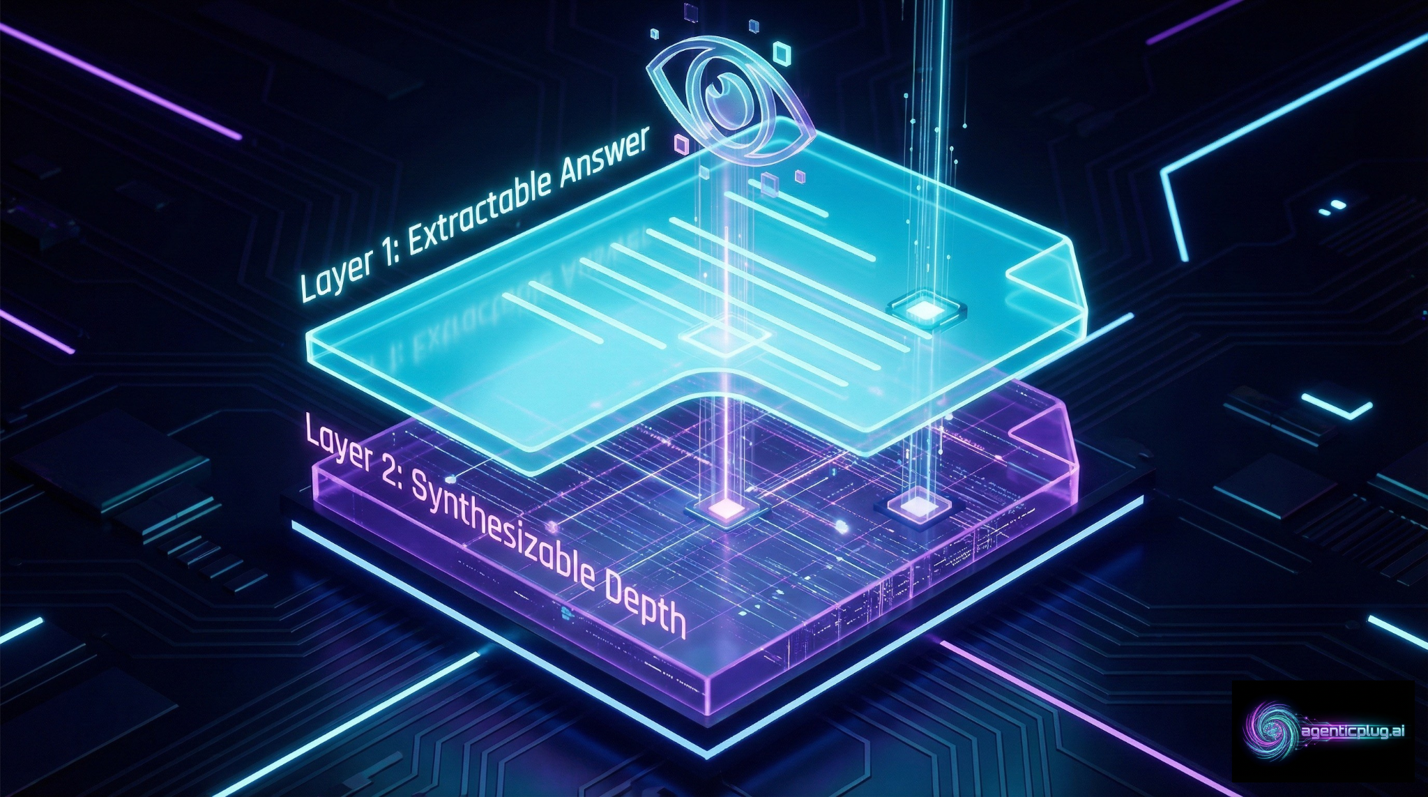 A structural diagram of the Two-Layer Content Model, showing Layer 1 optimized for AEO extraction and Layer 2 providing depth for GEO synthesis.