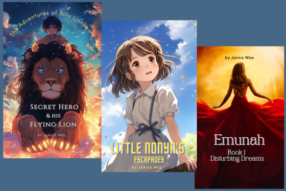 Collection of Janice Wee's book covers featuring Secret Hero & His Flying Lion, Little Nonya's Escapades, and Emunah Book 1: Disturbing Dreams