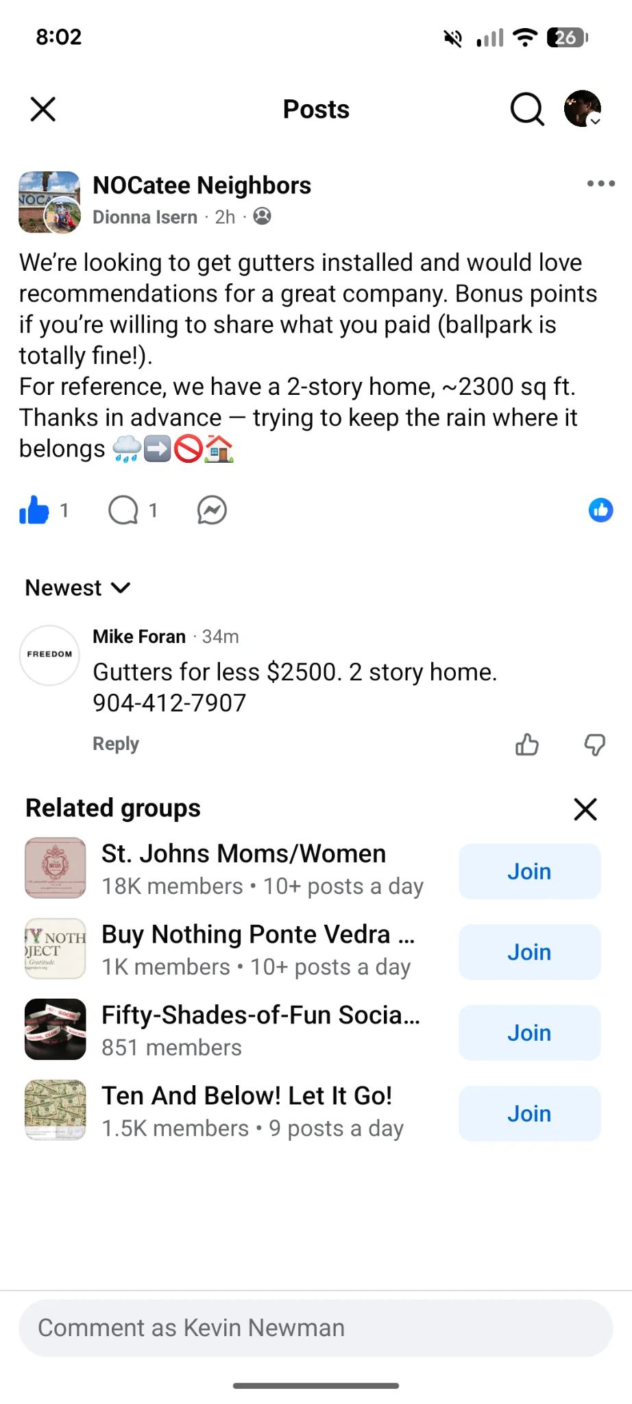 Nocatee Facebook Group Inquiry
