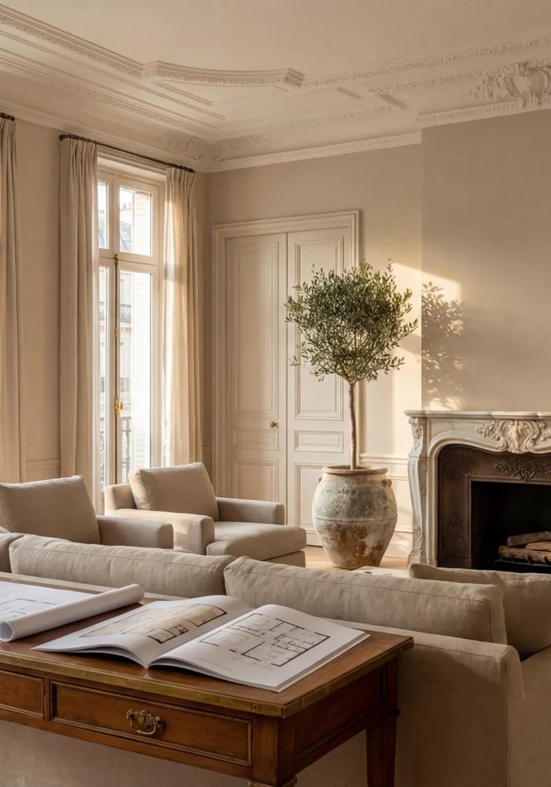 Elegant living room with an ornate marble fireplace and property floor plans laid out on the coffee table