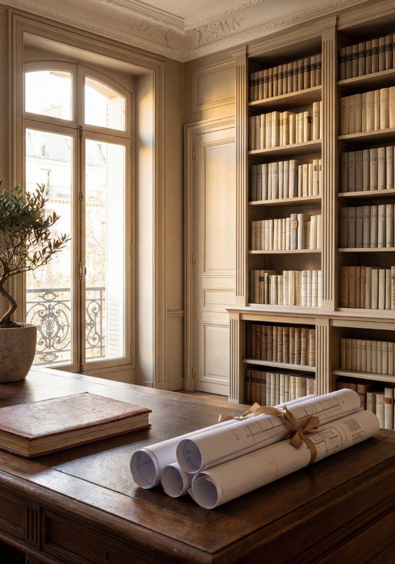 Wood-panelled study with built-in bookshelves and rolled property plans on the desk