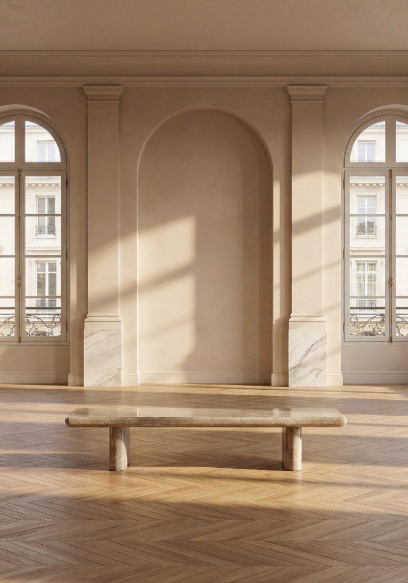 Sunlit interior with arched windows, herringbone parquet flooring and a marble bench