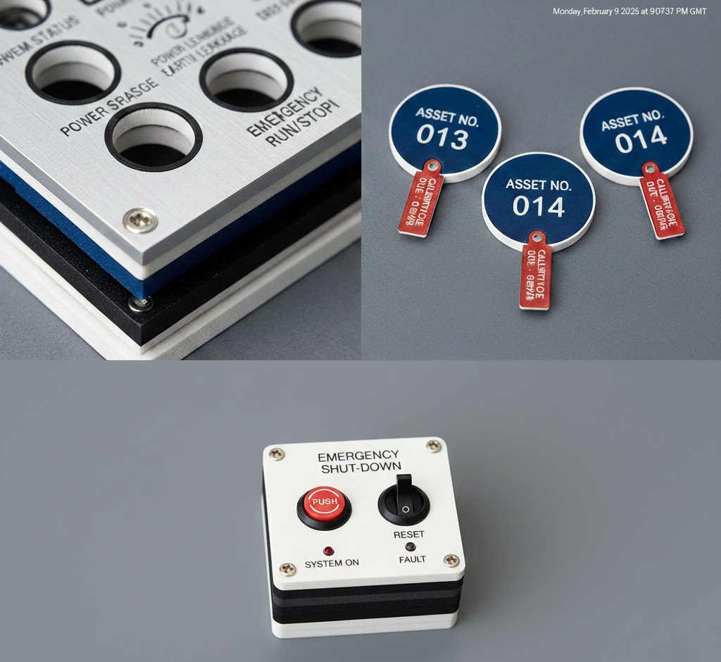 Traffolyte example 3 - Control panel, asset number discs, and emergency shut-down panel