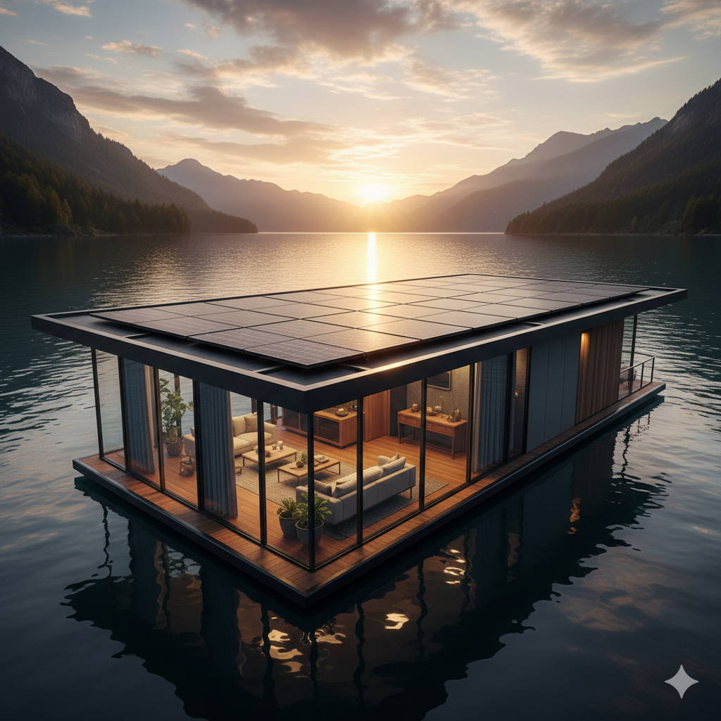 Floridis Hausboot – Solardach auf dem See bei Sonnenuntergang