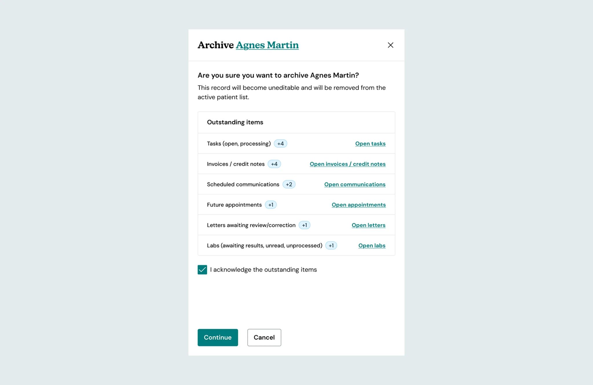 Archive patient confirmation modal with outstanding items checklist