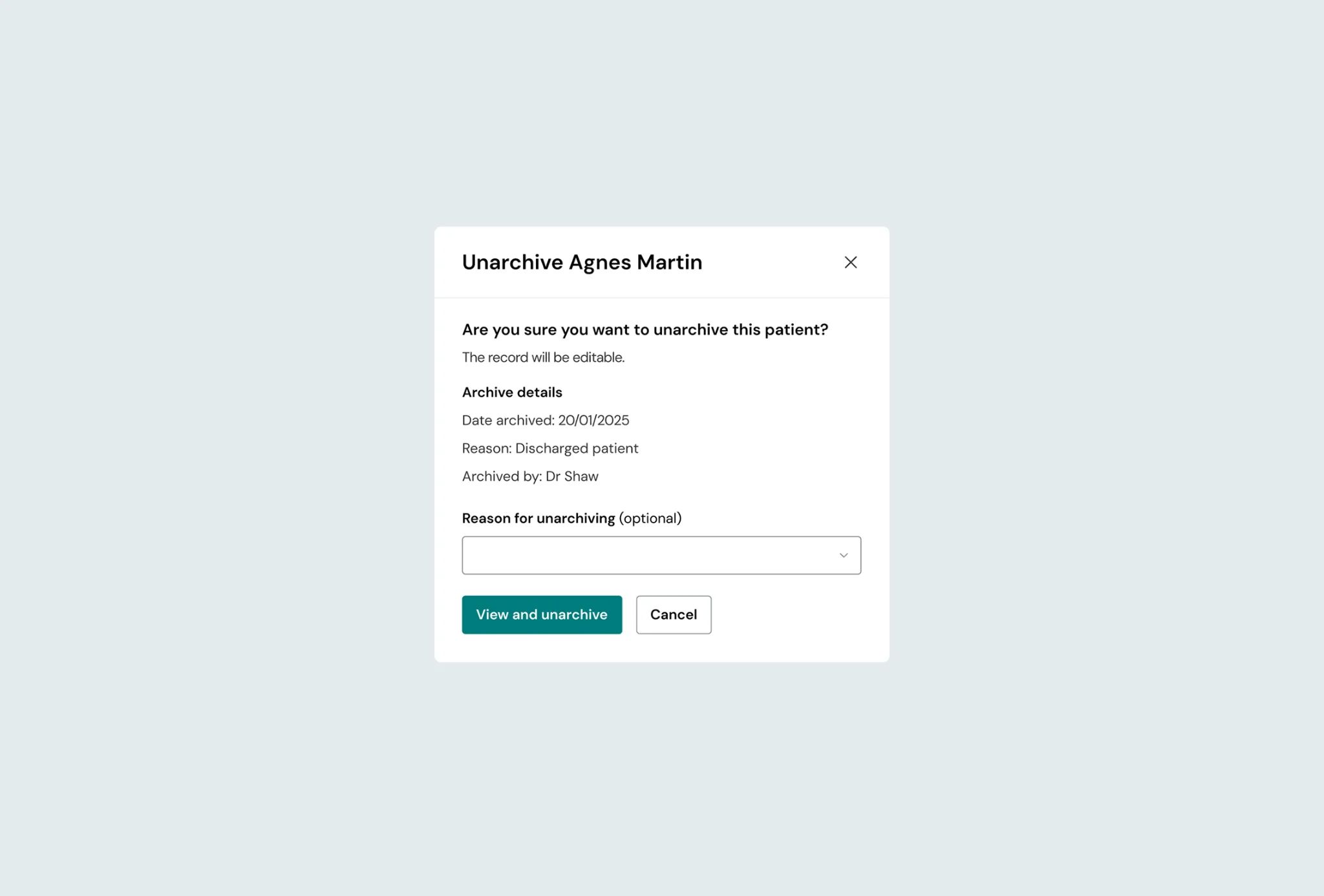 Unarchive patient modal with reason selection