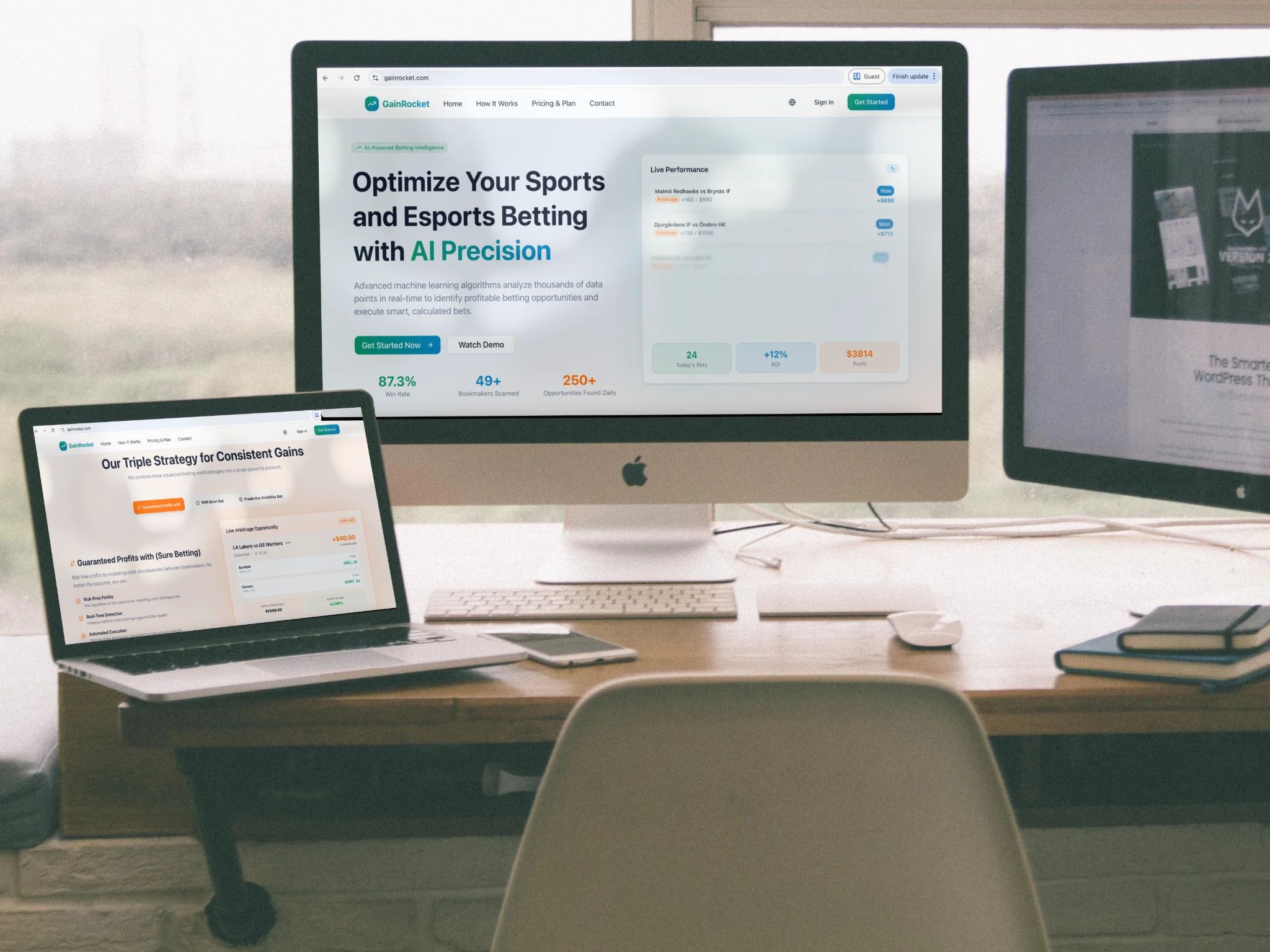 Multi-device workspace: GainRocket running across desktop and laptop.
