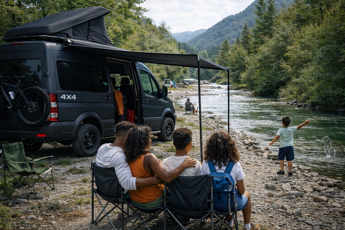 Famille vanlife au bord de la rivière