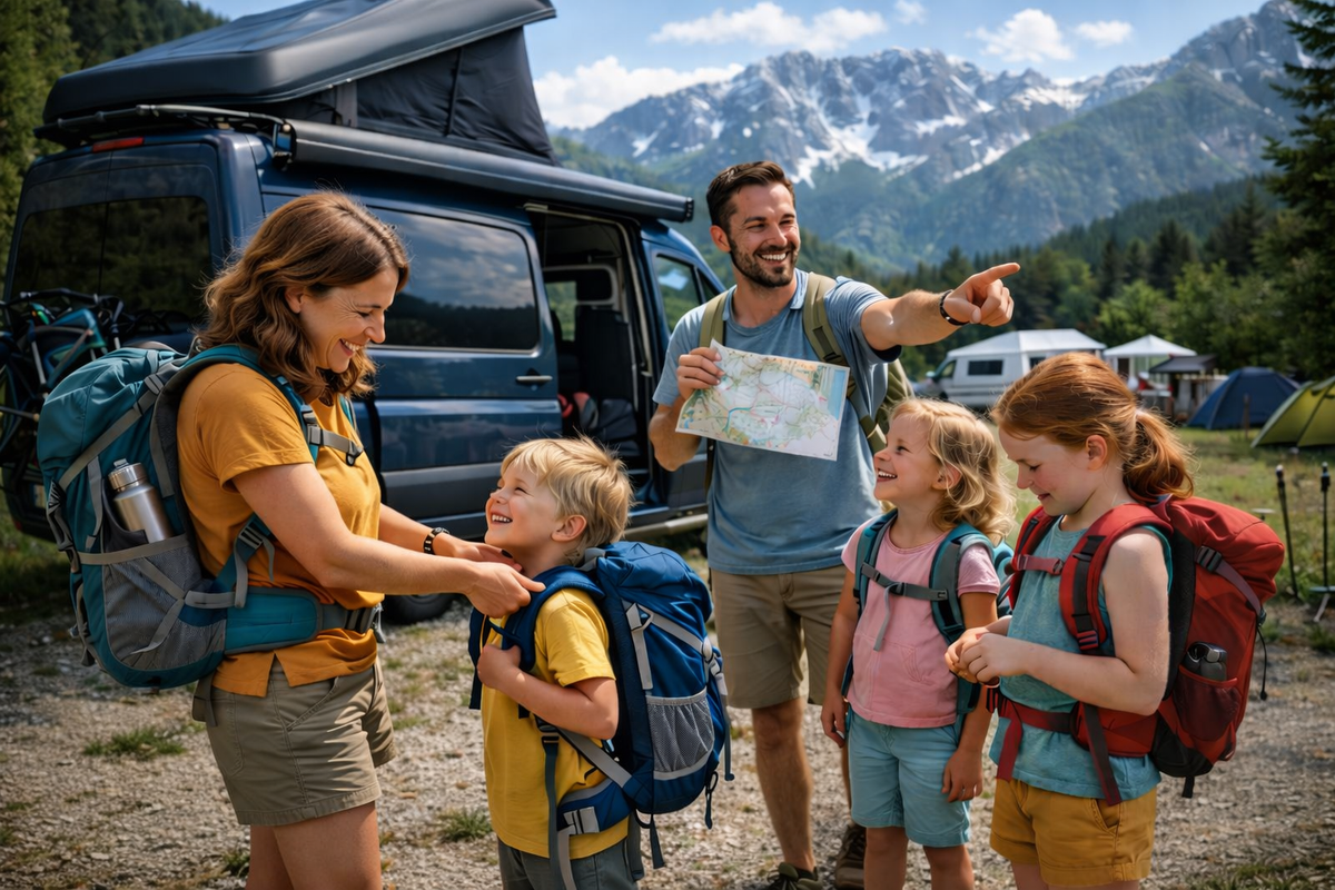 Famille vanlife départ en montagne