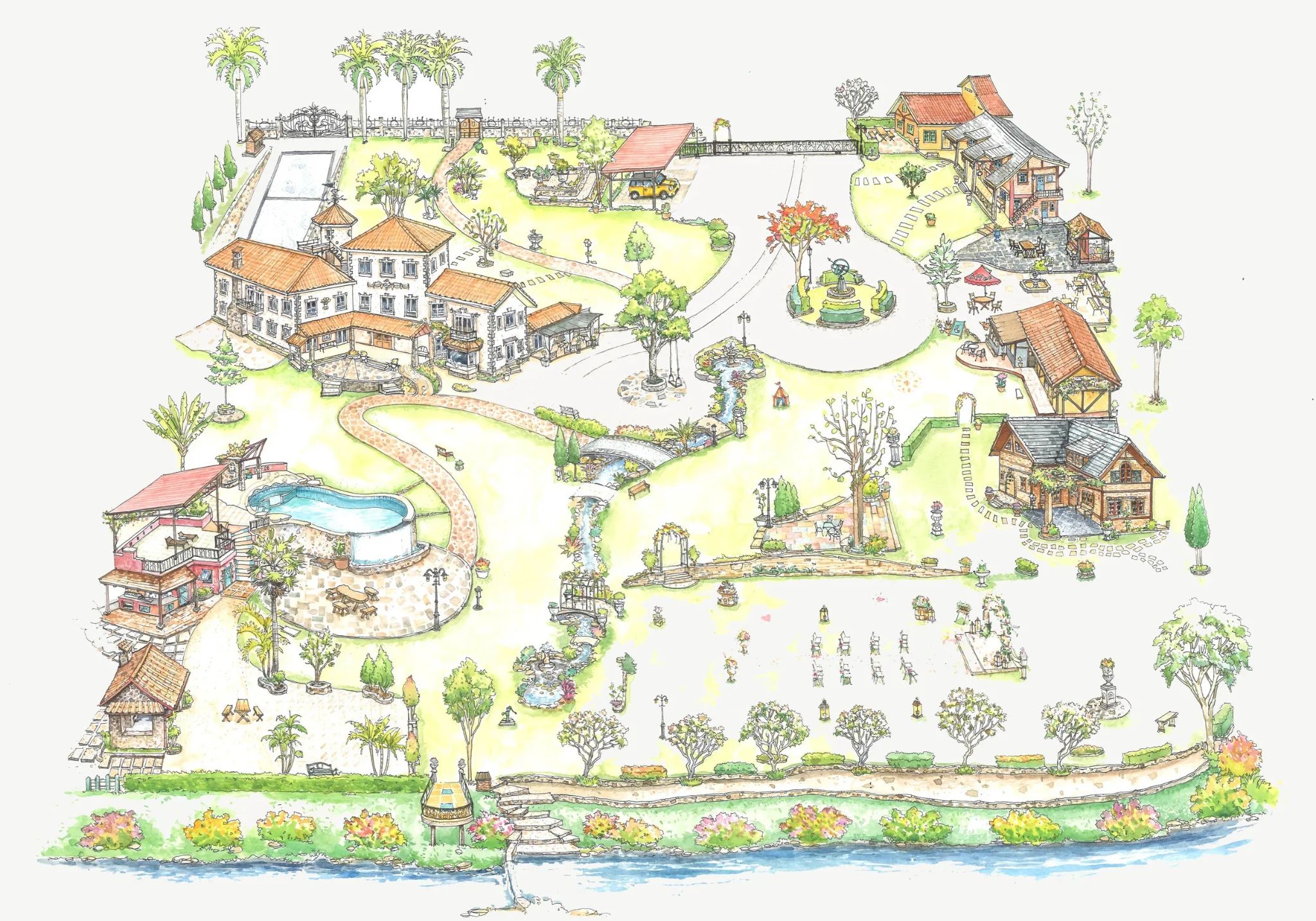 Heritage House and Garden venue map watercolor illustration