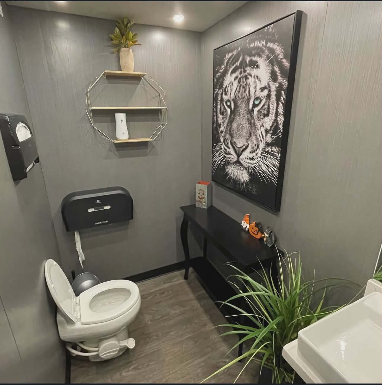 KLASSIK Restrooms 2-Unit Men's Suite Interior — White Shiplap, Lion Canvas Artwork, Black Mirror Frame