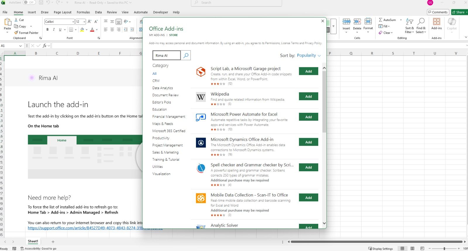 Office Add-ins panel in Excel top right task bar