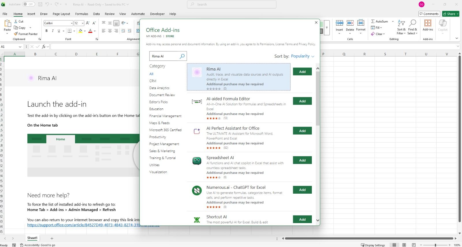 Search for Rima AI add in the Office Add-ins store