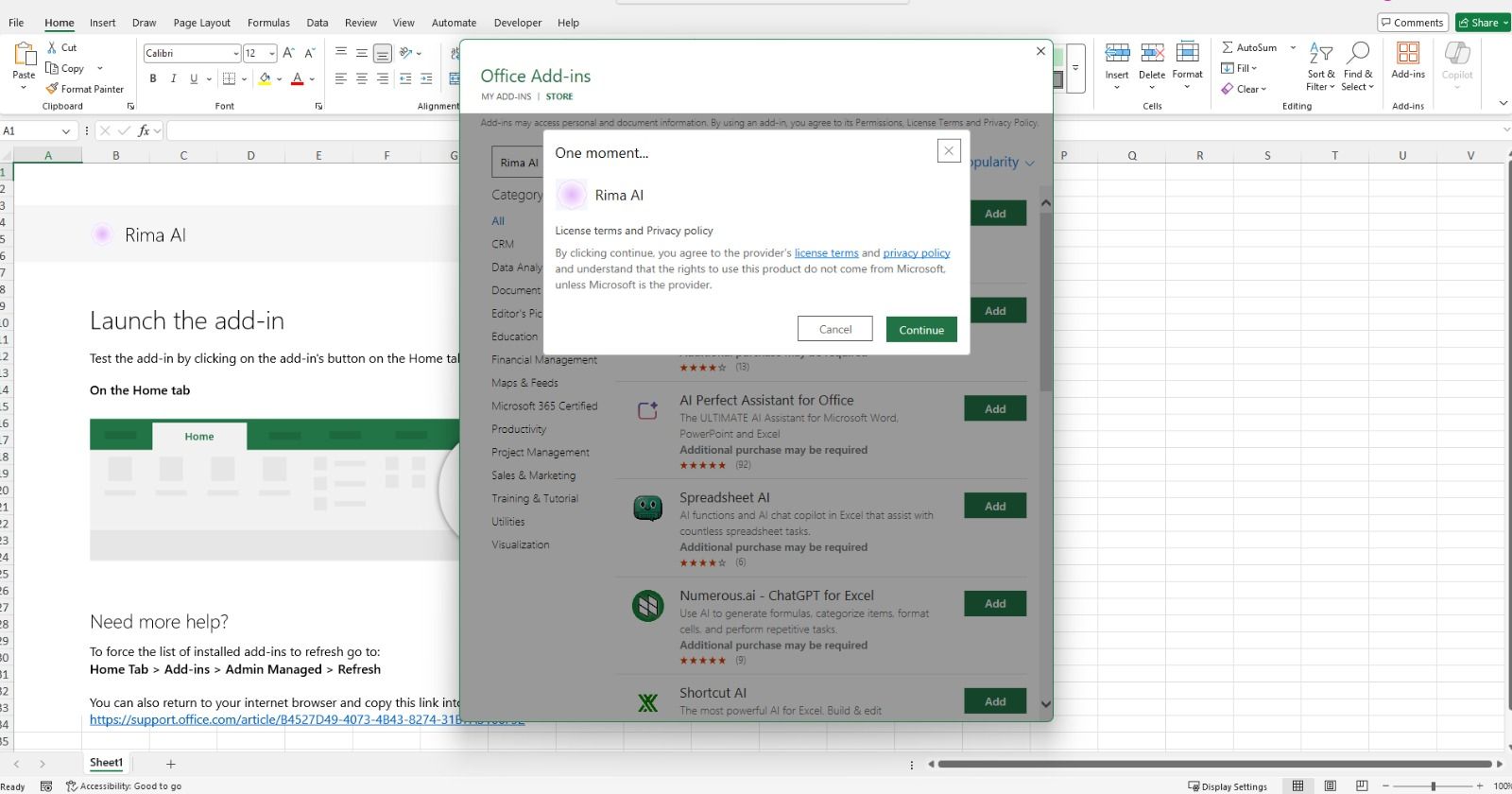 Rima AI privacy policy dialog in Office Add-ins