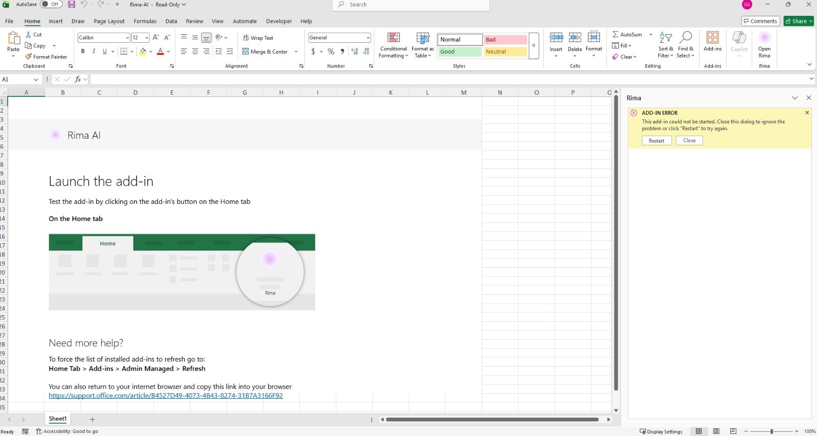 ADD-IN ERROR screen in Excel