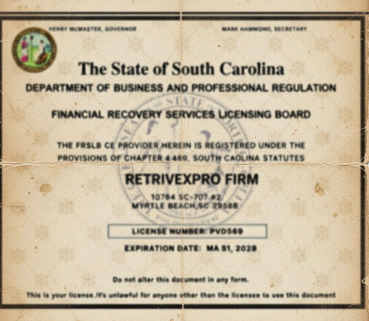 Financial Recovery Services Licensing Board – RetrivexPro Firm, License PVD569