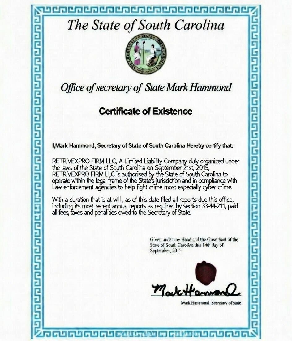Certificate of Existence – RetrivexPro Firm LLC, State of South Carolina