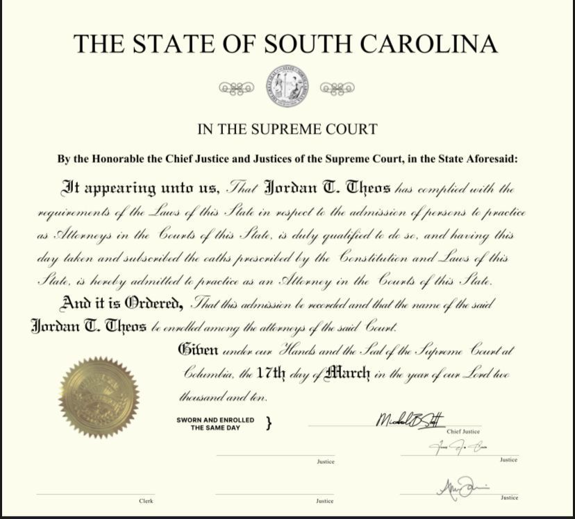 Supreme Court of South Carolina – Attorney Admission Certificate, Jordan T. Theos