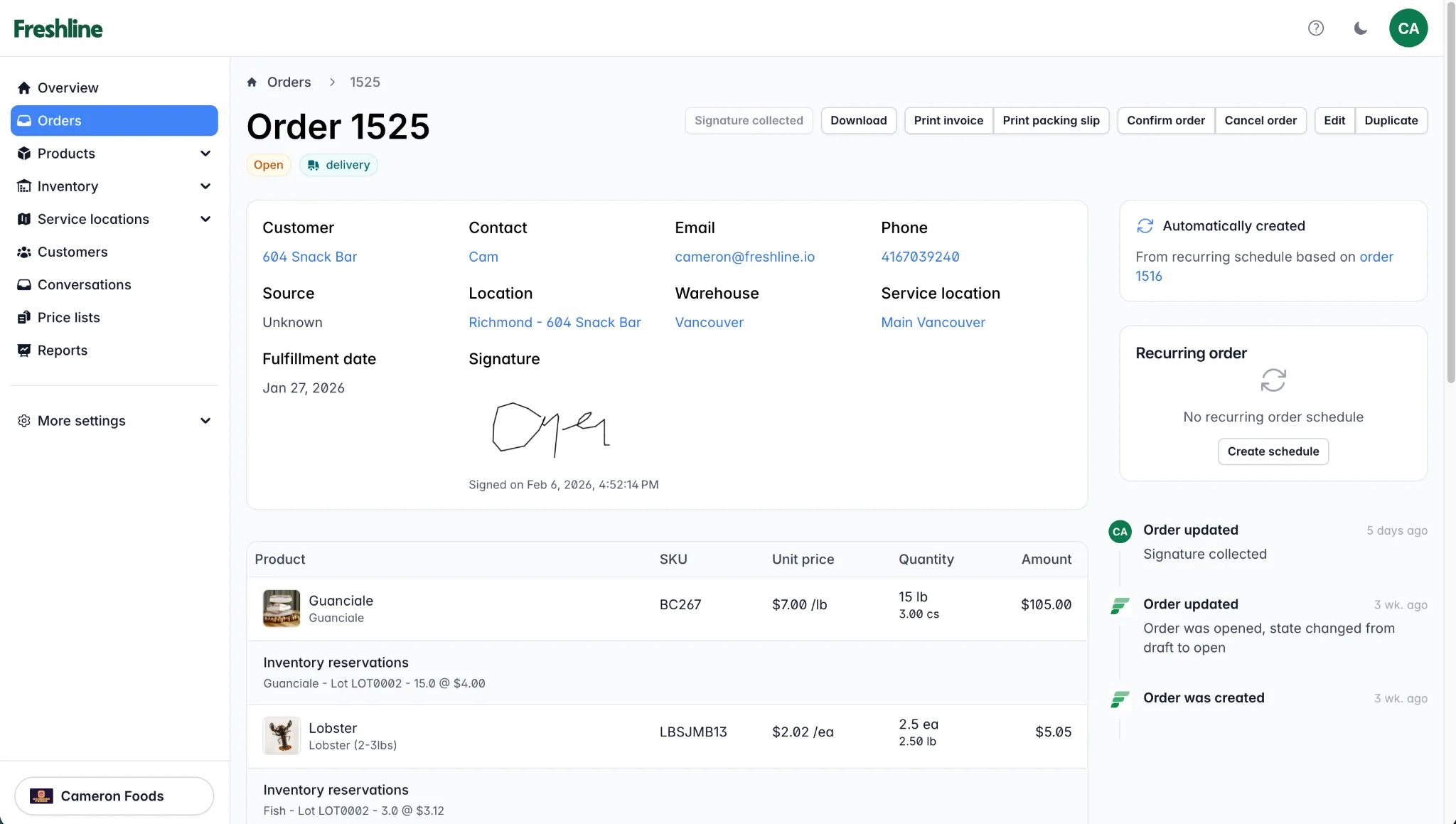 Order detail view showing an automatically created recurring order with customer details and product line items
