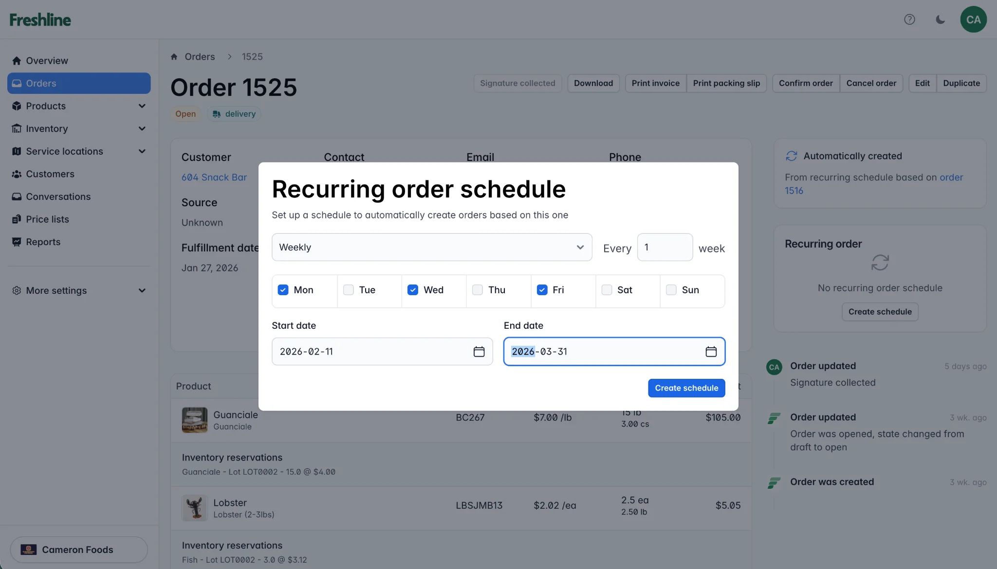 Recurring order schedule modal showing weekly frequency settings with day selection and date range