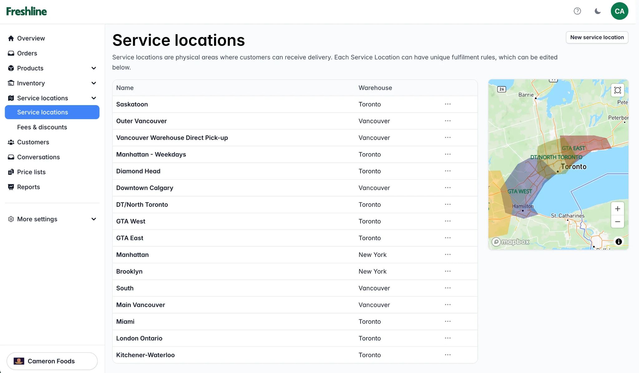Service locations mapped to warehouses across Toronto, Vancouver, and New York