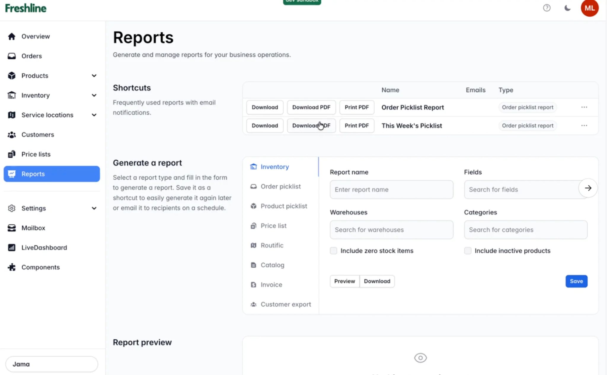 Reports page with PDF download and print functionality